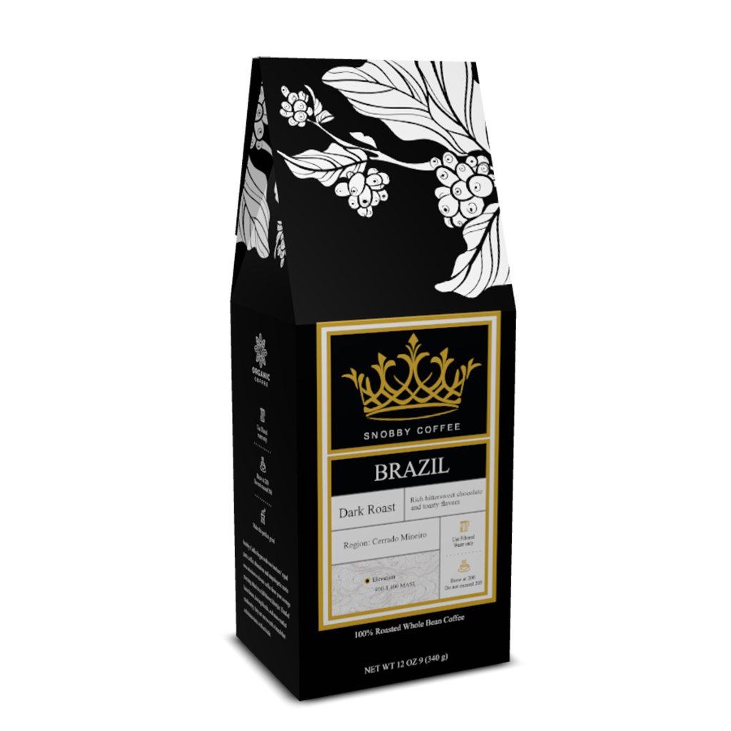 Snobby Coffee Brazil Dark Roast coffee bag with decorative design on a white background