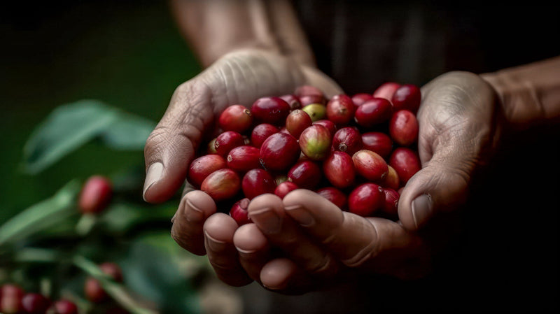Hands holding red coffee beans with a blurred natural background