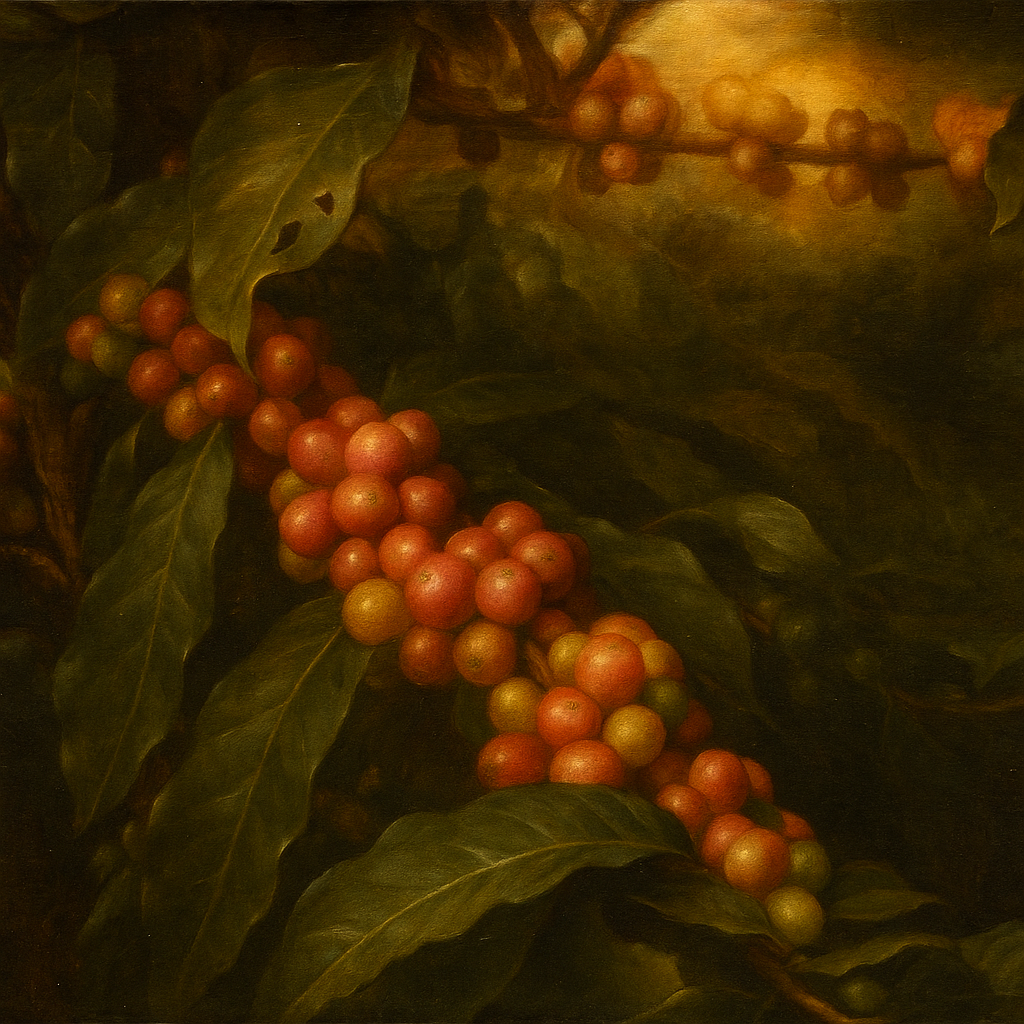 Artistic depiction of coffee cherries on a branch with leaves.
