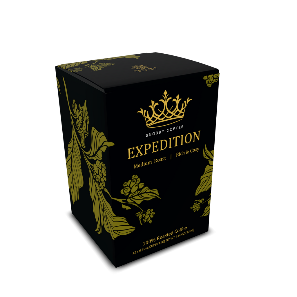 Black coffee box with gold text and design on a white background
