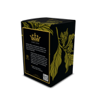Black coffee box with gold leaf design and text on a white background