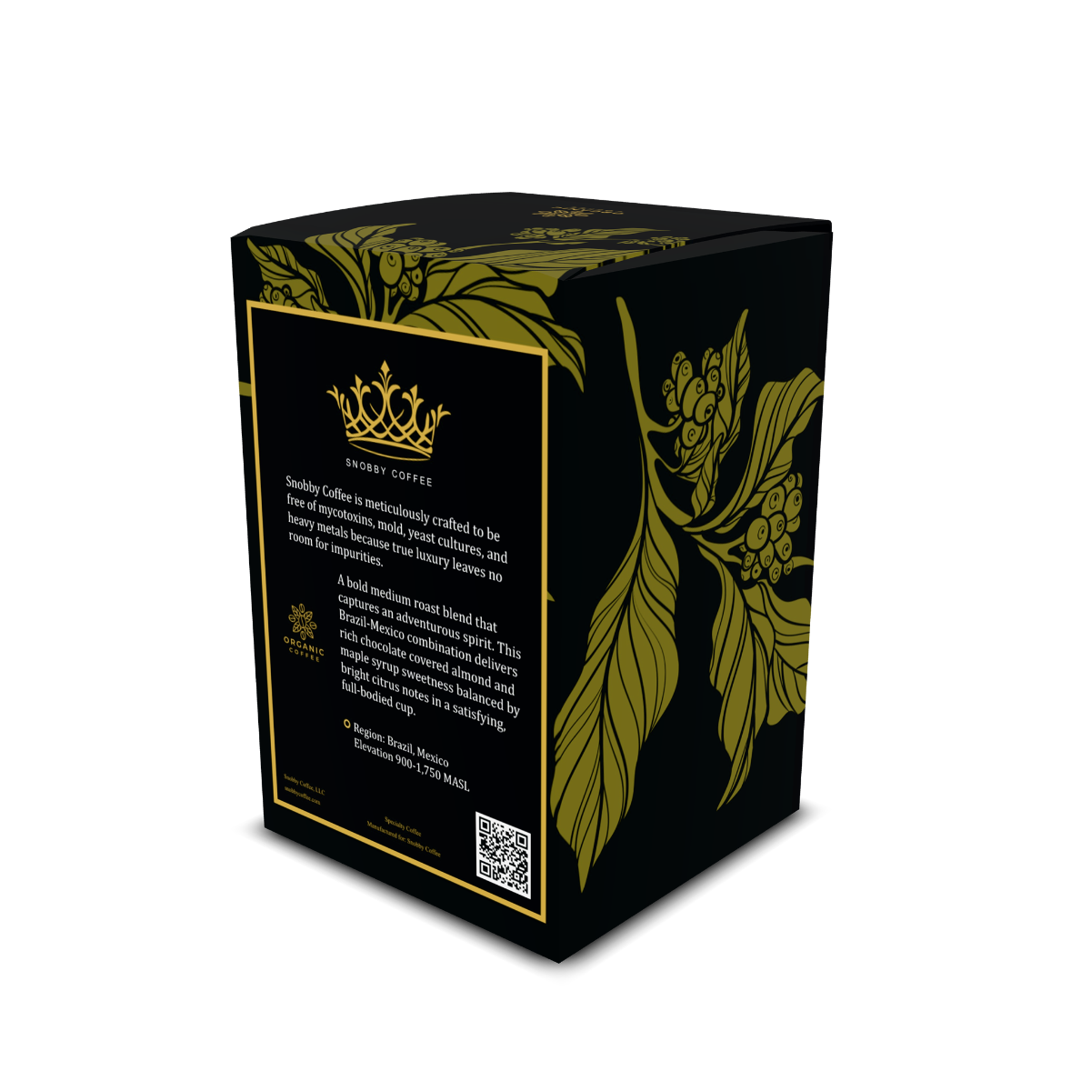 Black coffee box with gold leaf design and text on a white background
