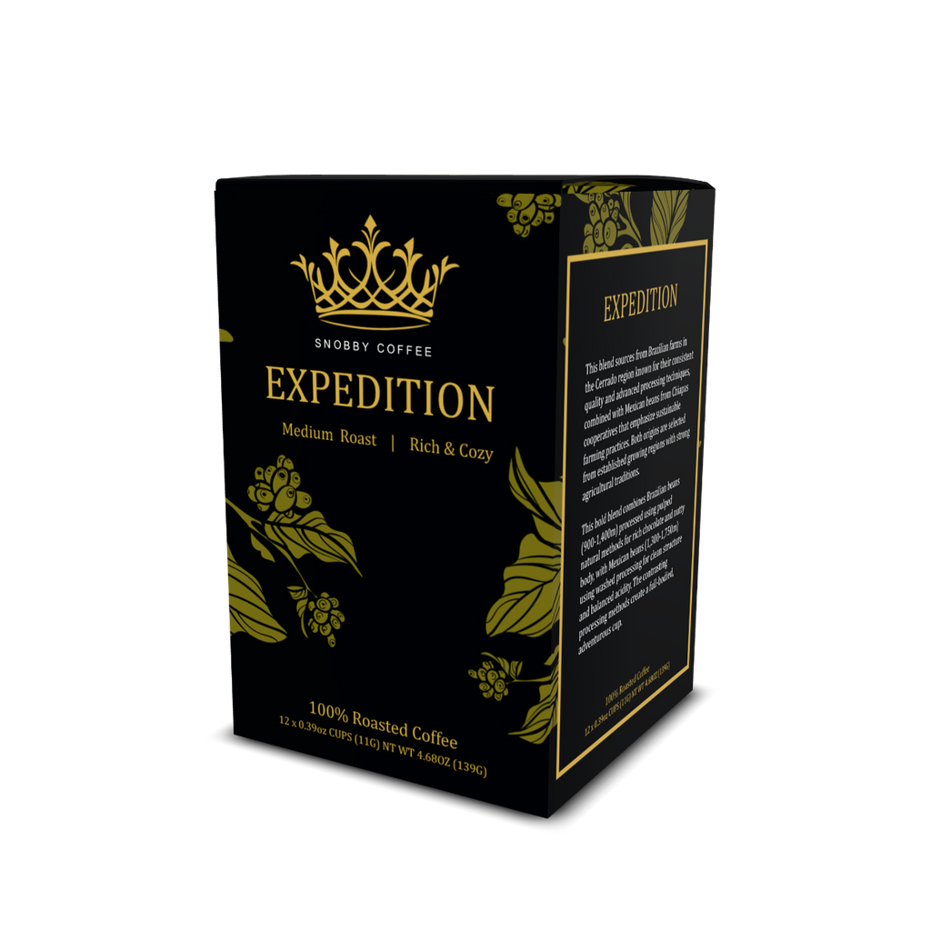 Snobby Coffee Expedition coffee packaging on a white background