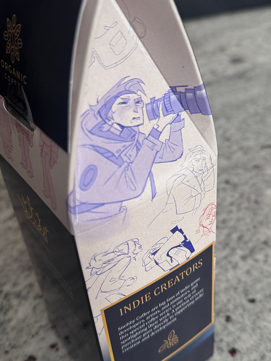 Product packaging with illustrations and text on a textured surface
