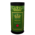 Green and black cylindrical container of Snobby Coffee Matcha tea on a white background