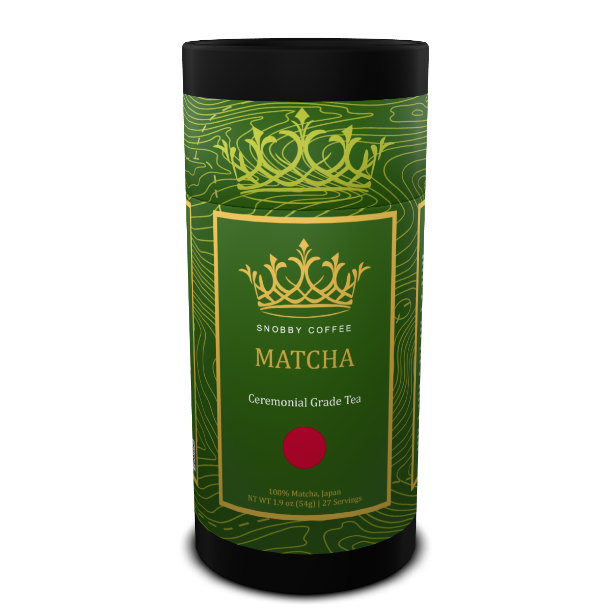 Green and black cylindrical container of Snobby Coffee Matcha tea on a white background