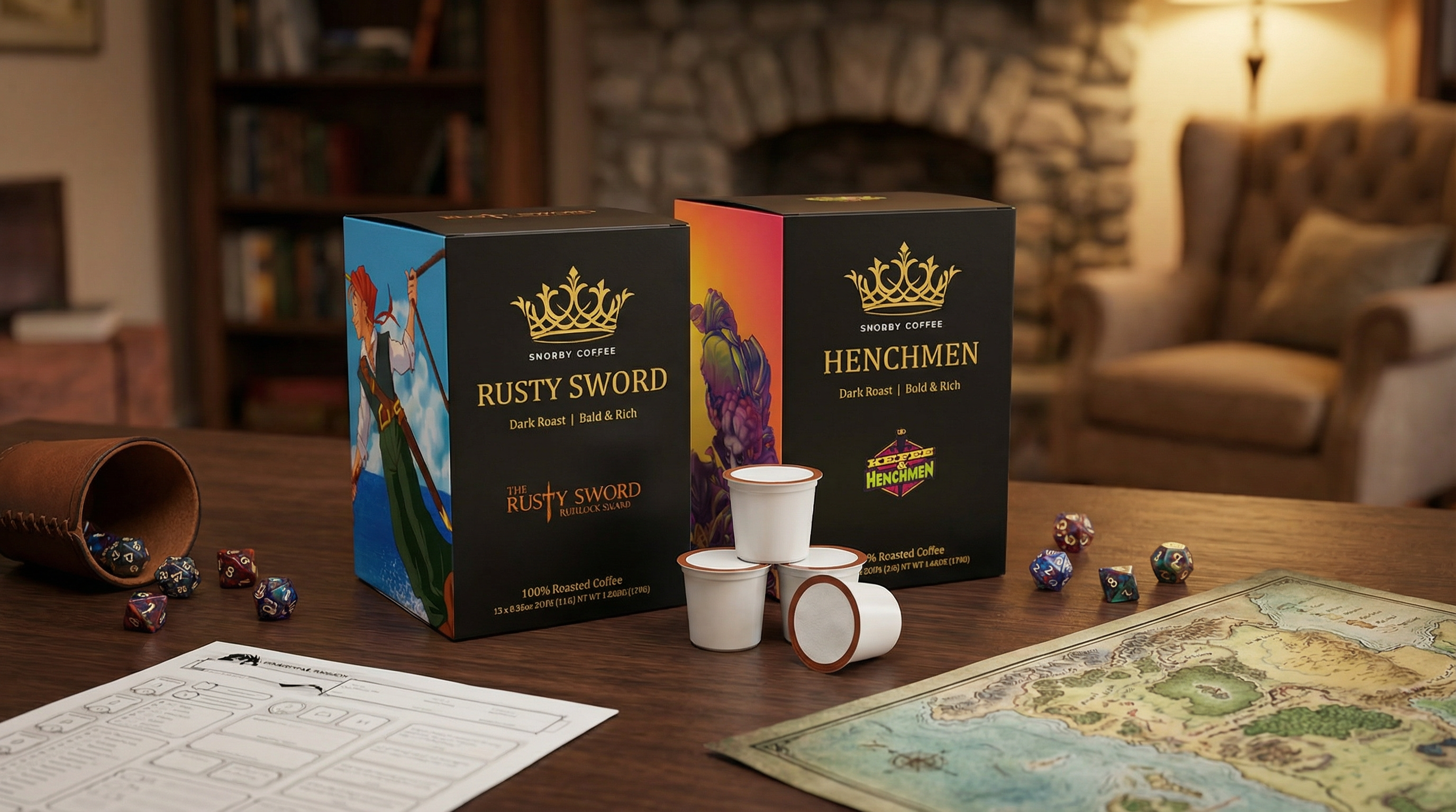 Two boxes labeled 'Rusty Sword' and 'Henchmen' Coffee on a table with gaming accessories.