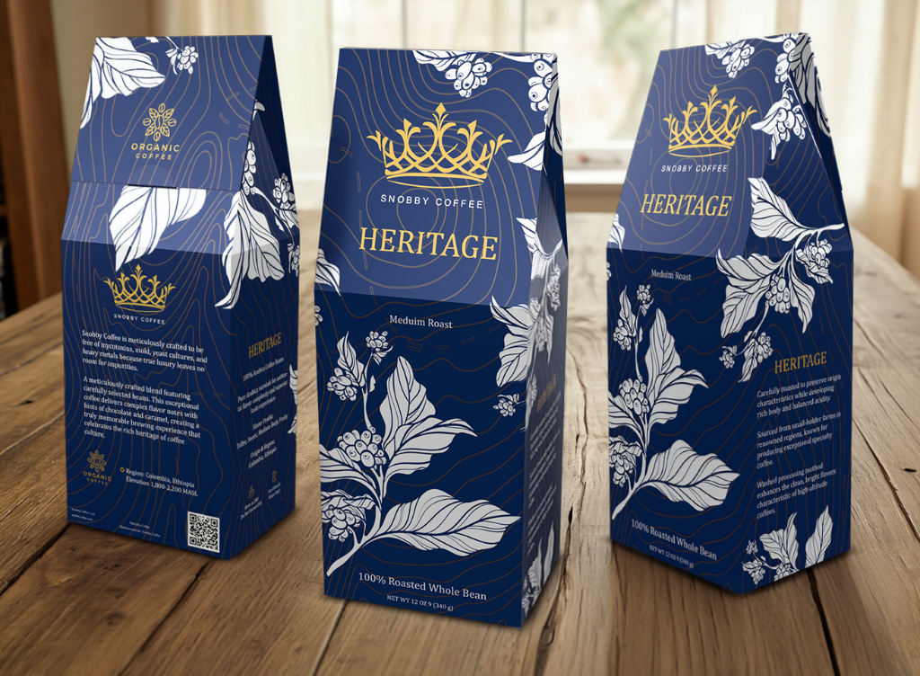 Three Snobby Coffee Heritage packages on a wooden surface