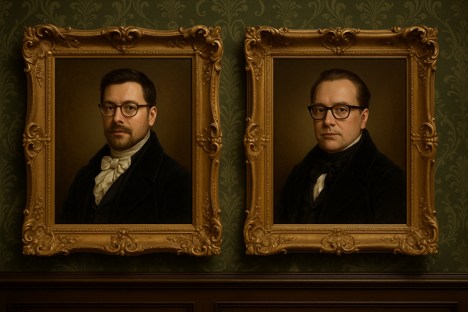 Two portraits of a man in ornate gold frames on a dark green wall.