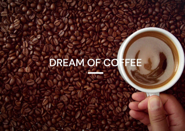 Hand holding a white cup with coffee against a background of coffee beans, featuring the text 'Dream of Coffee'.