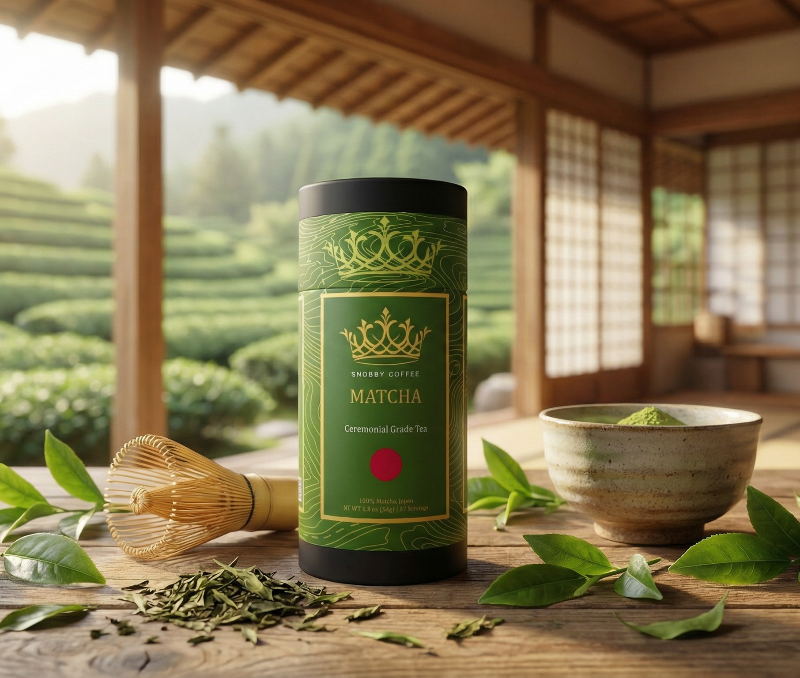 Matcha green tea canister with traditional tools on a wooden table with a tea field background
