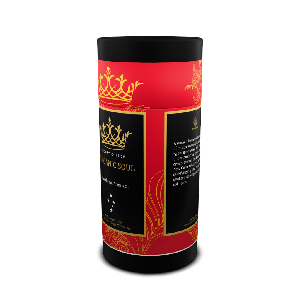 Red and black coffee packaging with gold accents on a white background