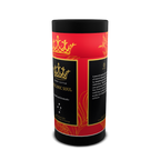 Red and black coffee packaging with gold accents on a white background