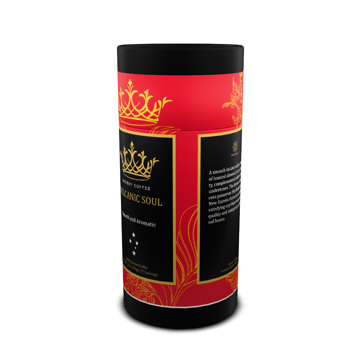 Red and black coffee packaging with gold accents on a white background
