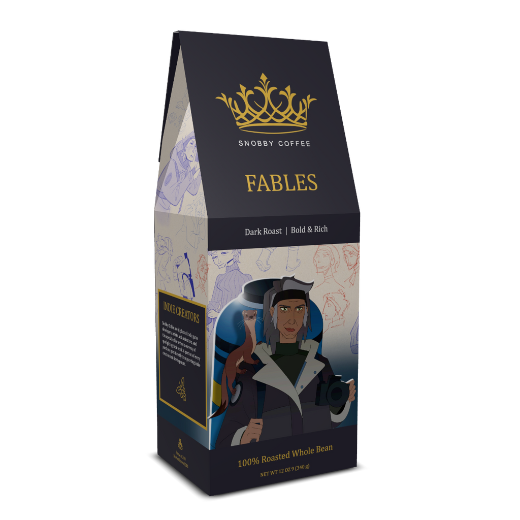 Snooby Coffee 'Fables' coffee packaging with character illustration on a white background