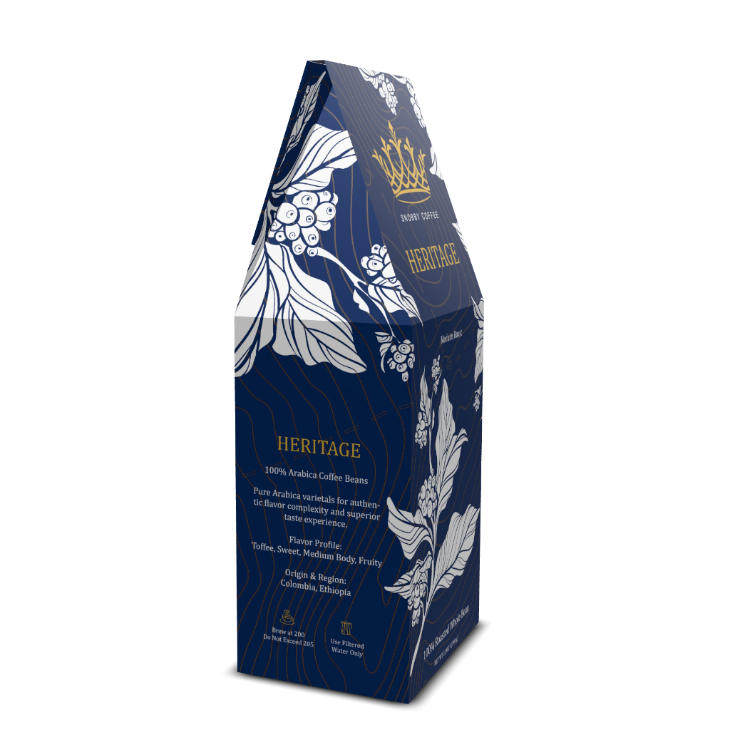 Heritage coffee packaging with floral designs on a white background