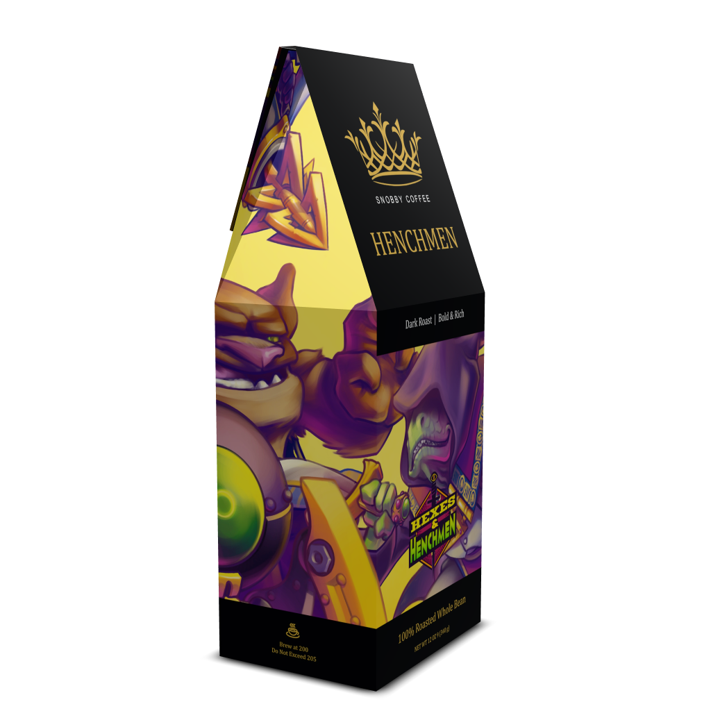 Coffee packaging with cartoon characters and 'Henchmen' branding on a white background