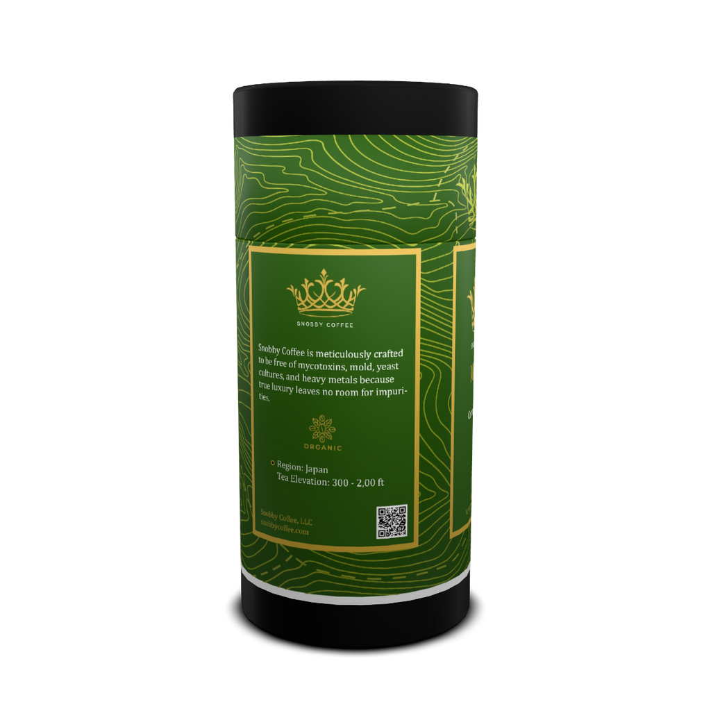 Green coffee canister with gold text and a crown logo on a white background