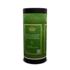 Green coffee canister with gold text and a crown logo on a white background