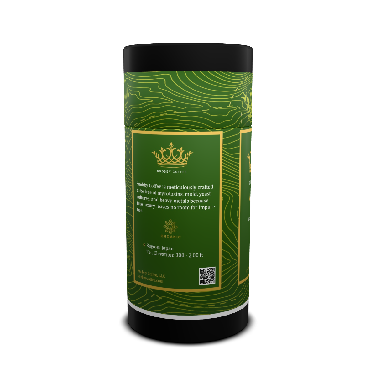 Green coffee canister with gold text and a crown logo on a white background
