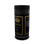 Black cylindrical container with gold text and design on a white background