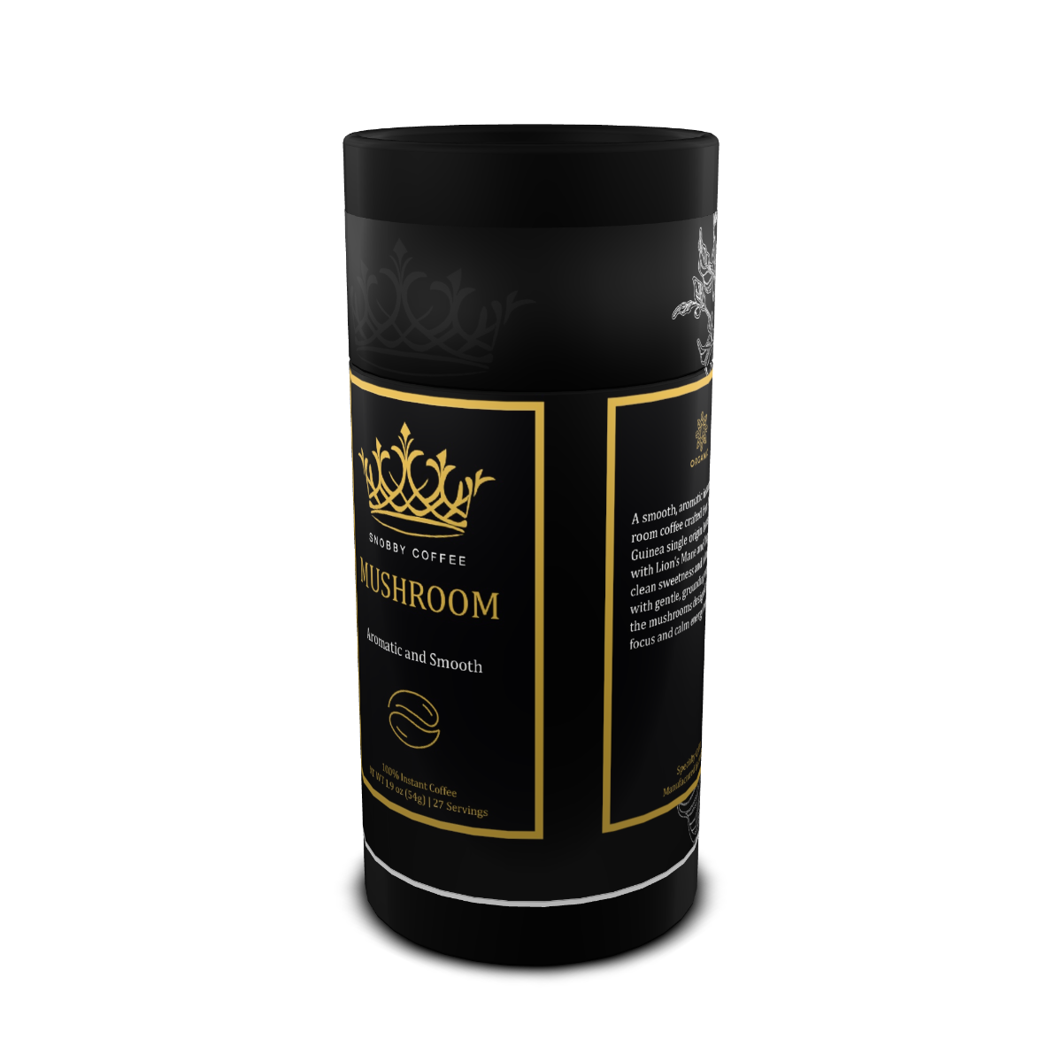 Black cylindrical container with gold text and design on a white background