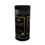 Black cylindrical coffee canister with gold accents and text on a white background