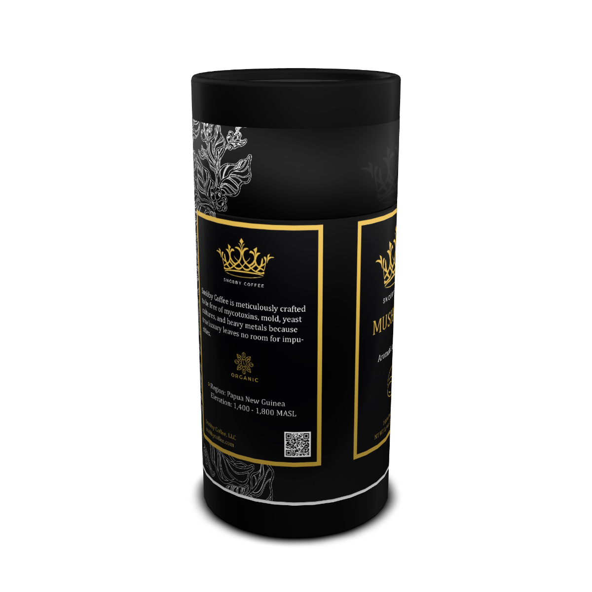 Black cylindrical coffee canister with gold accents and text on a white background