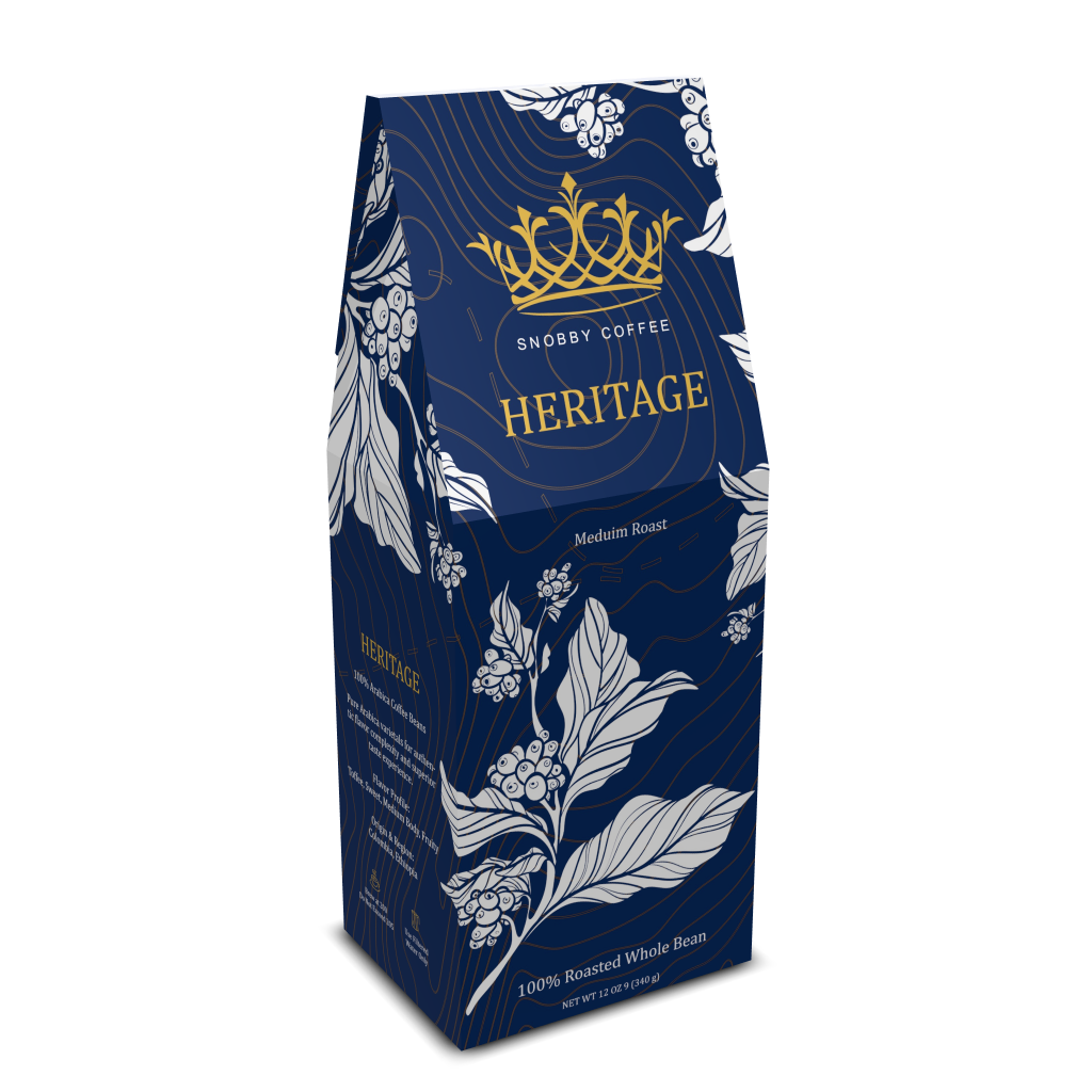 Snobby Coffee Heritage coffee package with blue design and gold accents on a white background