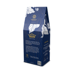 Blue coffee packaging with floral design and brand logo on a white background