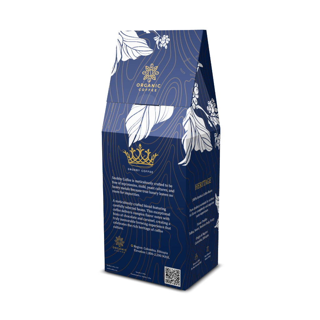 Blue coffee packaging with floral design and brand logo on a white background