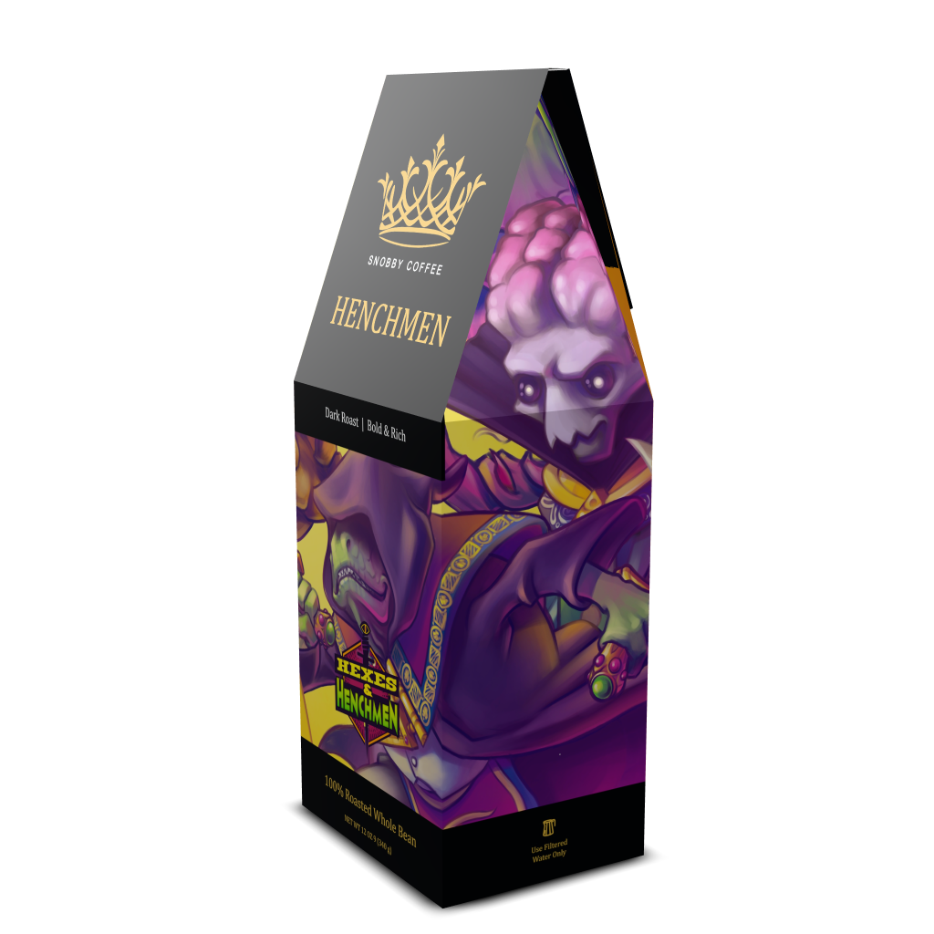 Coffee packaging with a stylized character design on a white background